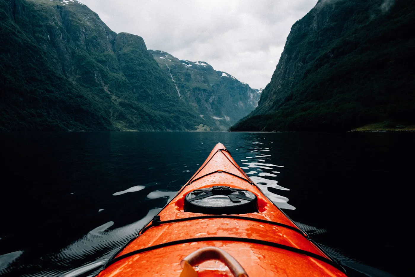 Kayaking toward the mountains
