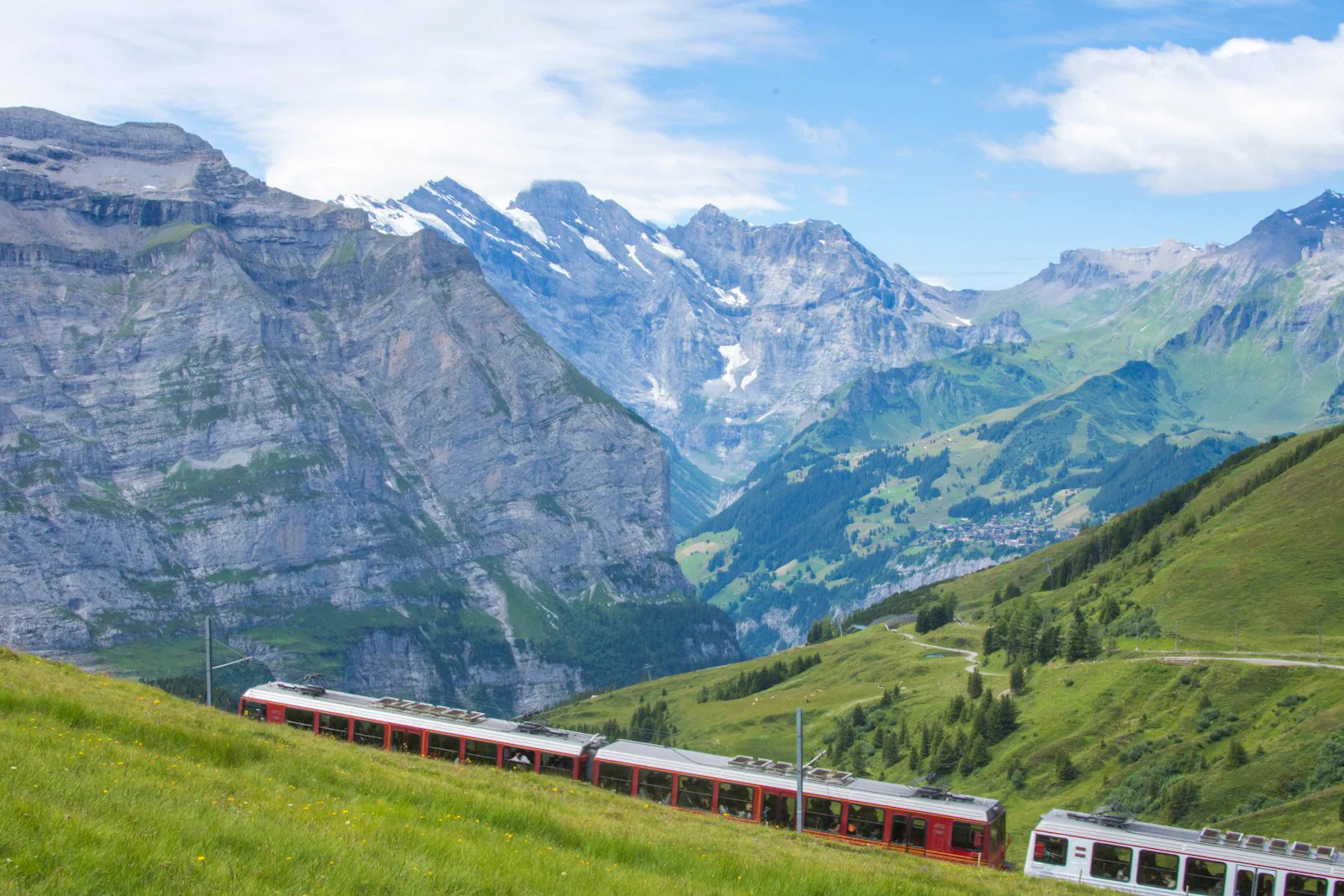 Scenic train through an alpine valley