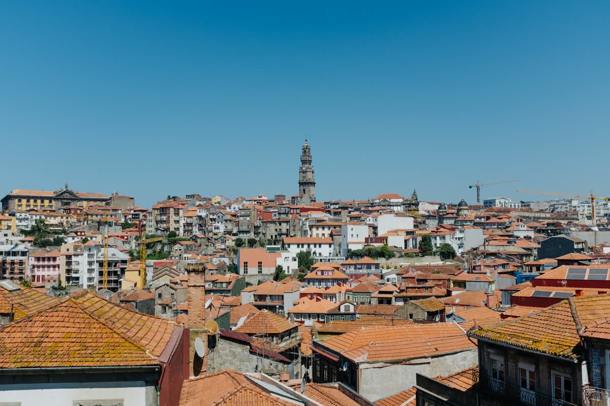 A European cityscape under a clear blue sky