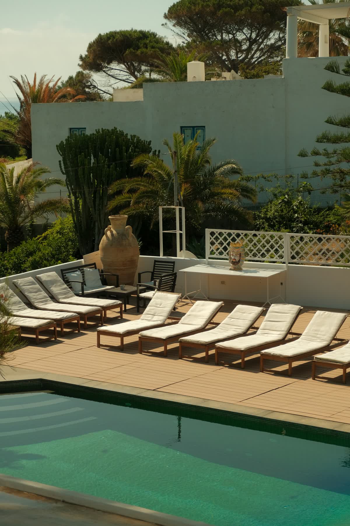 A resort pool surrounded by vegetation